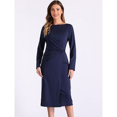 Wear to Work Sheath Dress for Women's Long Sleeve Wrap Ruched Waist Boat  Neck Church Midi Dress