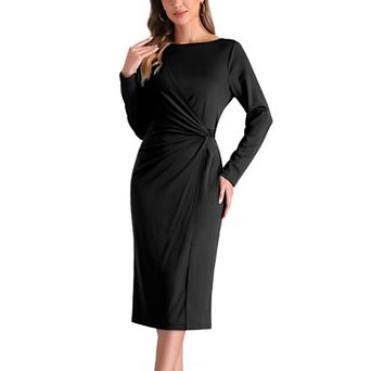 Wear to Work Sheath Dress for Women's Long Sleeve Wrap Ruched Waist Boat Neck Church Midi Dress