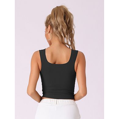 Women's Ribbed Tank Top with Built-In Bra Slim Fit Square Neck Undershirt