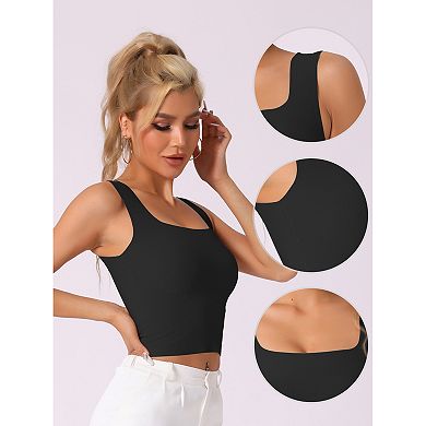 Women's Ribbed Tank Top with Built-In Bra Slim Fit Square Neck Undershirt
