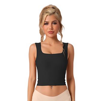 Women's Ribbed Tank Top with Built-In Bra Slim Fit Square Neck Undershirt