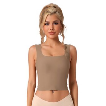 Women's Ribbed Tank Top with Built-In Bra Slim Fit Square Neck Undershirt