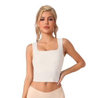 Women's Ribbed Tank Top with Built-In Bra Slim Fit Square Neck Undershirt