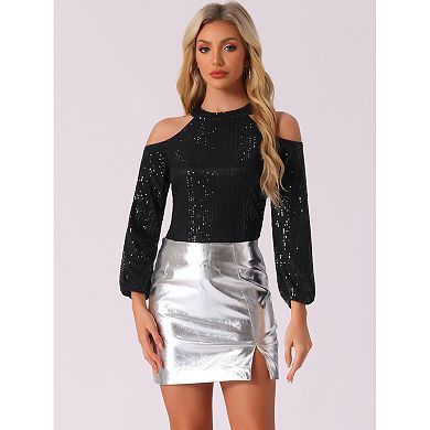 Sequin Tops for Women's Sparkle Glitter Long Sleeve Cold Shoulder Party Tunic Tops