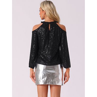 Sequin Tops for Women's Sparkle Glitter Long Sleeve Cold Shoulder Party Tunic Tops