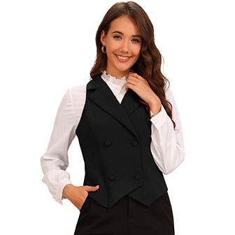 Notched Lapel Waistcoat Vest for Women's Double Breasted V Neck Sleeveless Workwear Suit Vests