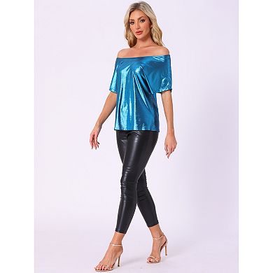 Metallic Tops for Women's Off Shoulder Short Sleeve Loose Party Sparkly Blouse