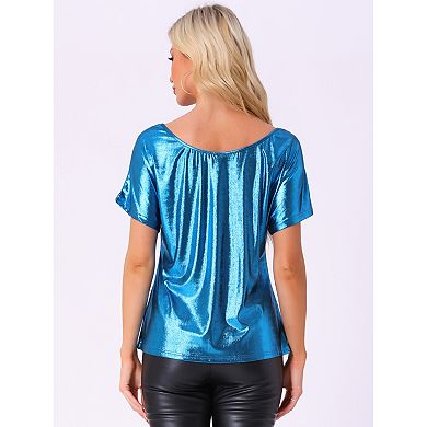 Metallic Tops for Women's Off Shoulder Short Sleeve Loose Party Sparkly Blouse