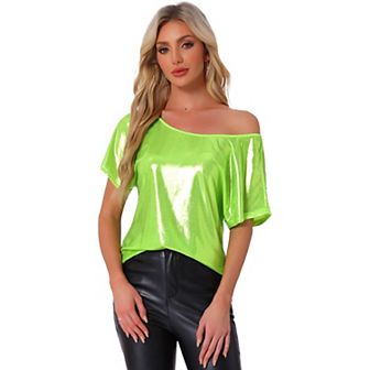 Metallic Tops for Women's Off Shoulder Short Sleeve Loose Party Sparkly Blouse