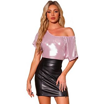 Metallic Tops for Women's Off Shoulder Short Sleeve Loose Party Sparkly Blouse