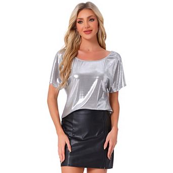 Metallic Tops for Women's Off Shoulder Short Sleeve Loose Party Sparkly Blouse