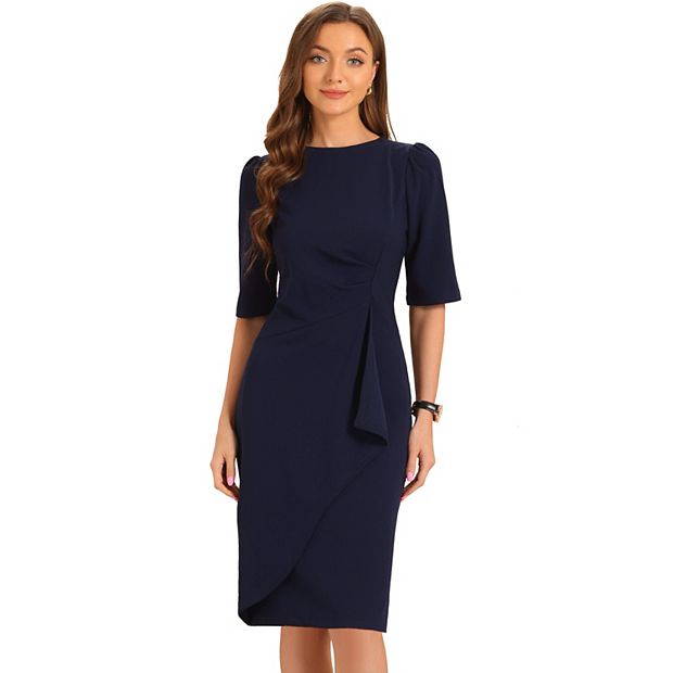navy blue work dress Queendancer Women Royal Blue Satin Long Sleeves Formal Dress with Sash Square  Neck A Line Backless Evening Dress  queendancer