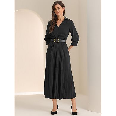 Long Sleeve Collar Pleated Belt Maxi Dresses