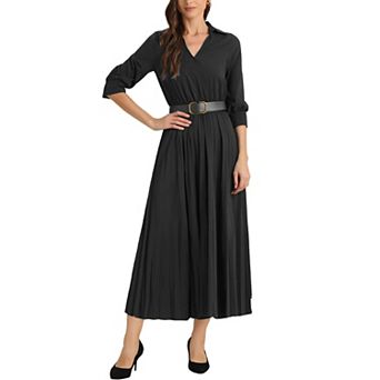 Dressy Casual Pleated Dress for Women's Collar V Neck Belted Maxi Dresses