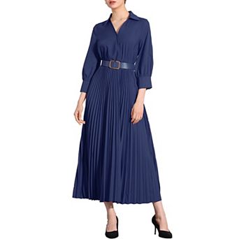Dressy Casual Pleated Dress for Women's Collar V Neck Belted Maxi Dresses