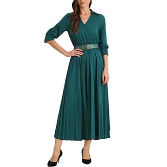 Dressy Casual Pleated Dress for Women's Collar V Neck Belted Maxi Dresses