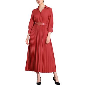 Dressy Casual Pleated Dress for Women's Collar V Neck Belted Maxi Dresses