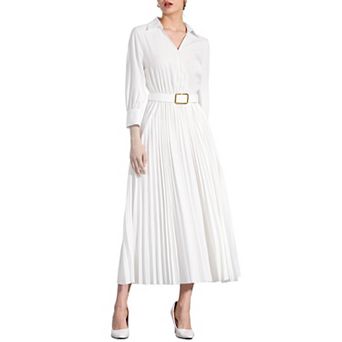 Dressy Casual Pleated Dress for Women's Collar V Neck Belted Maxi Dresses