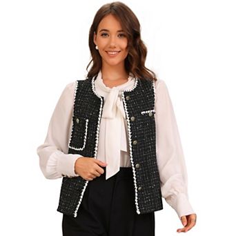 Tweed Plaid Vest for Women's Button Down Sleeveless Round Neck Vintage Vests