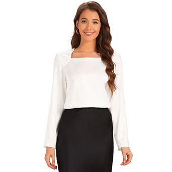 Women's Square Neck Top Casual Solid Long Sleeve Loose Satin Blouse