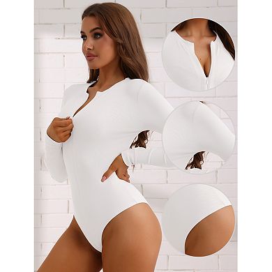 Women's Zip Front Full Bodysuit Shapewear Long Sleeve Slim Fit Knit Body Shaper