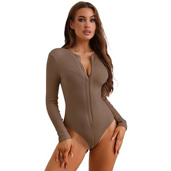 Women's Zip Front Full Bodysuit Shapewear Long Sleeve Slim Fit Knit Body Shaper