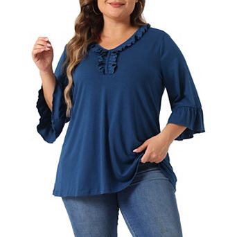 Plus Size Women's Ruffle Blouse 3/4 Sleeve V Neck Business Elegant Casual Tunic Dressy Top