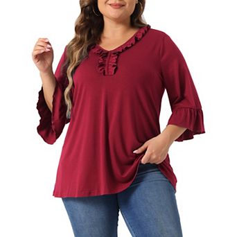 Plus Size Women's Ruffle Blouse 3/4 Sleeve V Neck Business Elegant Casual Tunic Dressy Top