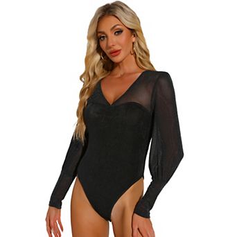 Glitter Bodysuit for Women's V Neck Lantern Sleeve Body Suits Tops