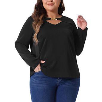 Plus Size Top for Women V Neck Long Sleeve Metal Chain Cutout Front Basic Blouse T-Shirts Tops