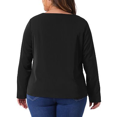Plus Size Top for Women V Neck Long Sleeve Metal Chain Cutout Front Basic Blouse T-Shirts Tops