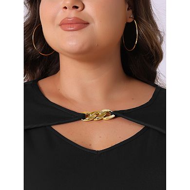 Plus Size Top for Women V Neck Long Sleeve Metal Chain Cutout Front Basic Blouse T-Shirts Tops
