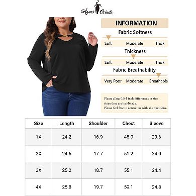Plus Size Top for Women V Neck Long Sleeve Metal Chain Cutout Front Basic Blouse T-Shirts Tops