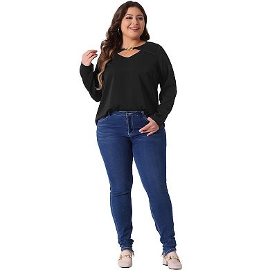 Plus Size Top for Women V Neck Long Sleeve Metal Chain Cutout Front Basic Blouse T-Shirts Tops