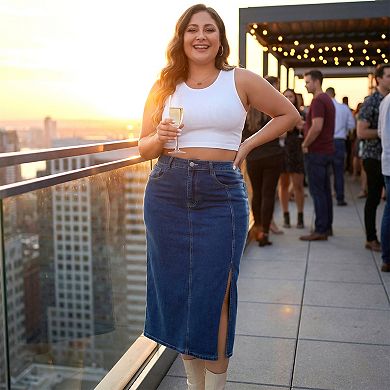 Plus Size Denim Skirt for Women High Waist Side Slit Button with Pocket Jean Denim Skirts