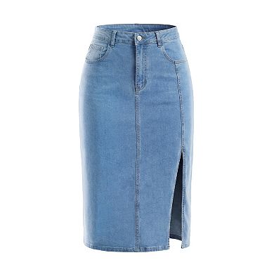 Plus Size Denim Skirt for Women High Waist Side Slit Button with Pocket Jean Denim Skirts