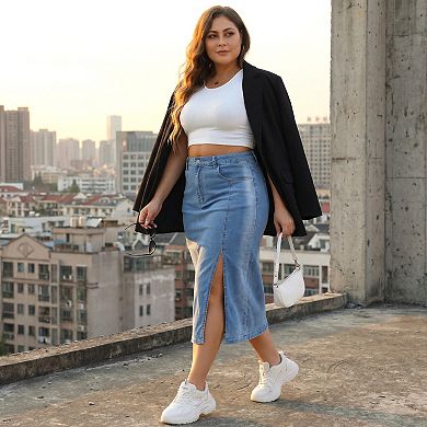 Plus Size Denim Skirt for Women High Waist Side Slit Button with Pocket Jean Denim Skirts