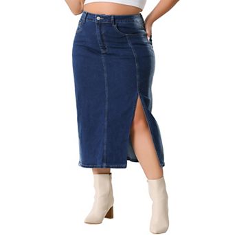 Plus Size Denim Skirt for Women High Waist Side Slit Button with Pocket Jean Denim Skirts
