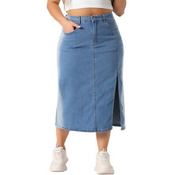 Plus Size Denim Skirt for Women High Waist Side Slit Button with Pocket Jean Denim Skirts