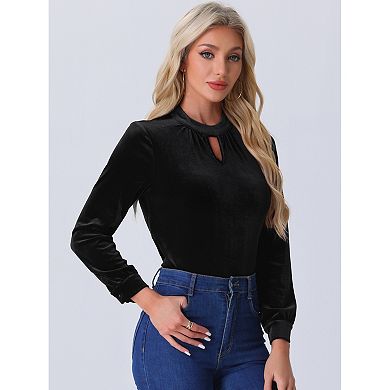 Velvet Tops for Women's Stand Collar Long Sleeve Elegant Casual Blouse