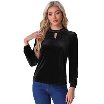 Velvet Tops for Women's Stand Collar Long Sleeve Elegant Casual Blouse