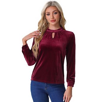 Velvet Tops for Women's Stand Collar Long Sleeve Elegant Casual Blouse