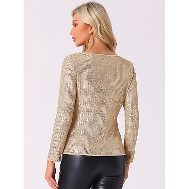 Women's Sequin Glitter Tops Cowl Neck Long Sleeve Sparkle Clubwear Blouse