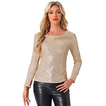 Women's Sequin Glitter Tops Cowl Neck Long Sleeve Sparkle Clubwear Blouse