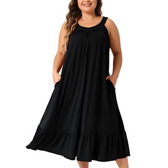 Plus Size Women's Nightgown Sleeveless Sleepwear Wide Strap Chemise Pleated Nightdress with Pockets