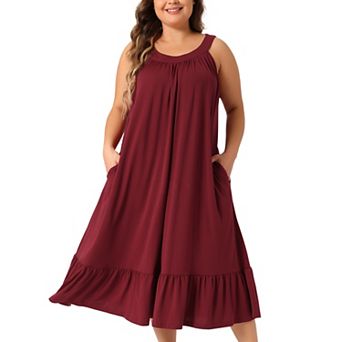 Plus Size Women's Nightgown Sleeveless Sleepwear Wide Strap Chemise Pleated Nightdress with Pockets