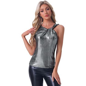 Women's Metallic Tank Top Shiny Sparkly Party Club Twist Knot Cami