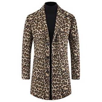 Animal Printed Trench Coat for Men's Notched Lapel Classic Vintage Winter Overcoats