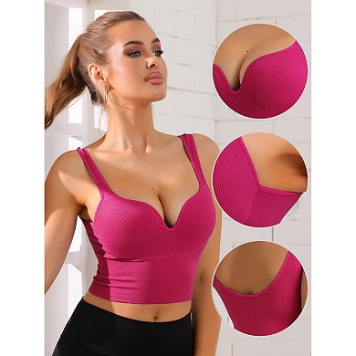 Women's Wire-Free Integrated Cup Sports Bra Camisole Push-Up Ribbed Longline Underwear