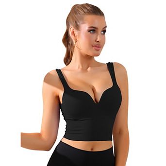 Women's Wire-Free Integrated Cup Sports Bra Camisole Push-Up Ribbed Longline Underwear